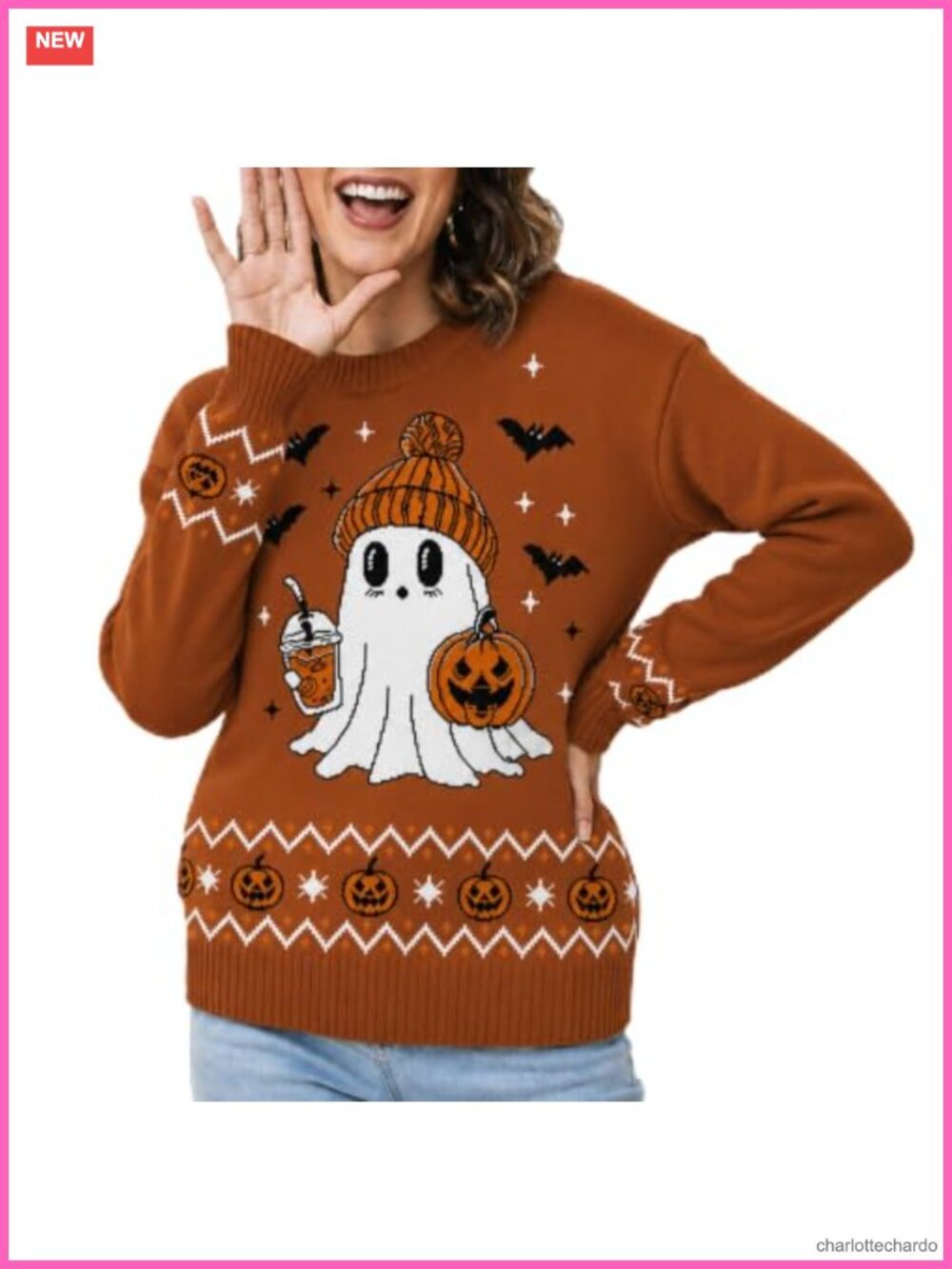 Women's Halloween Knit Pullover Sweater - Ghost Pumpkin Crewneck
